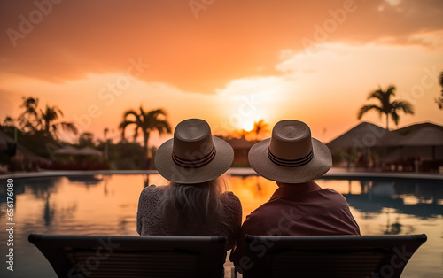Happy mature senior couple sitting and resting near pool on vacation. Romantic elderly family enjoy summer and relaxing together