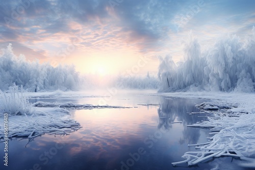 Winter landscape with sunset in snowy land