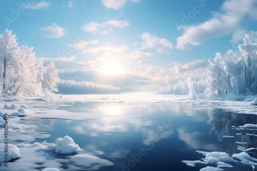 Winter landscape with sunset in snowy land