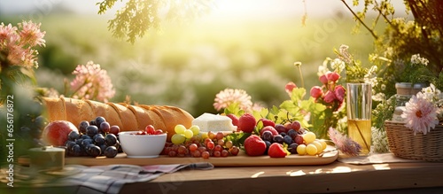Decorated outdoor picnic area with seasonal flowers Golden sunset evening picnic Outdoor party appetizers Summer picnic snacks with fruits cheeses and pies