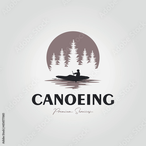 simple canoe logo on lake and forest, illustration design of water rafting with kayak at sunset icon