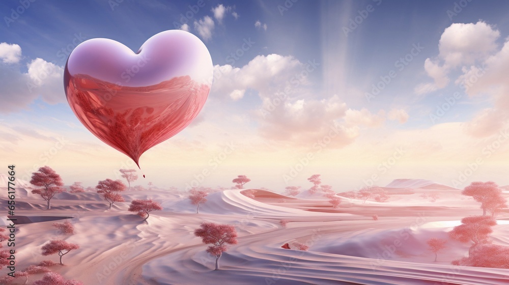 Fototapeta premium An abstract landscape featuring a heart-shaped element amidst a surreal, dreamlike background, with designated areas for text. AI generated