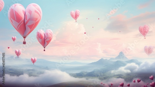 A whimsical scene featuring heart-shaped hot air balloons in soft pastel tones soaring above a pastel landscape, inviting text to capture the sense of adventure in love. AI generated