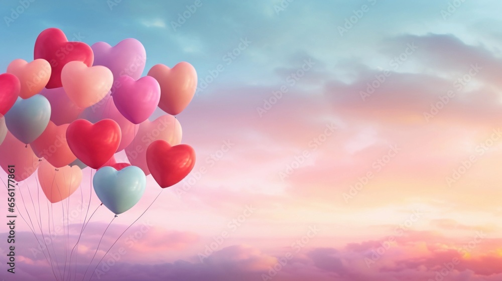 An artistic composition featuring heart-shaped balloons in various pastel shades floating against a pastel sky, creating a whimsical atmosphere for text. AI generated