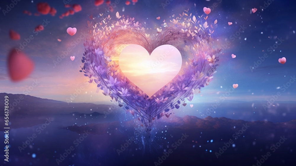 Obraz premium An illustration blending abstract heart imagery with serene meditation scenes, offering space for text to promote the benefits of relaxation and mindfulness in heart care. AI generated