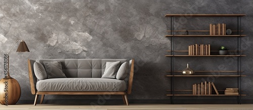 Fotografering Room with a decorative background grey stone wall wooden decor and a brown parqu