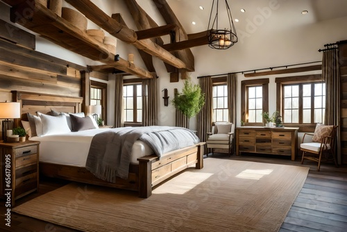 farmhouse-style bedroom with rustic elements.