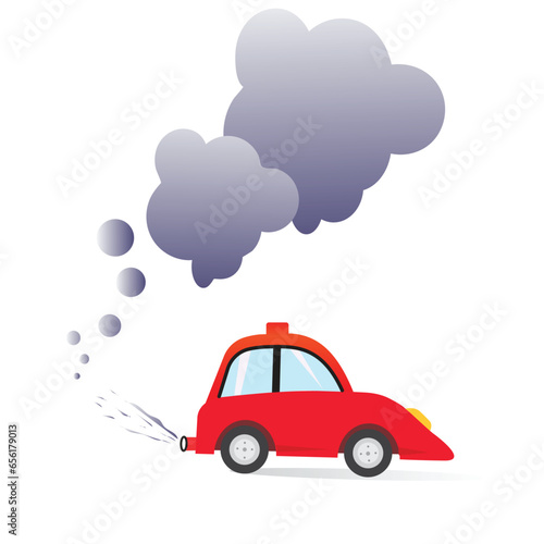 Car air pollution, vector art. Polluted air environment at city and industrial carbon dioxide clouds. Flat design.
