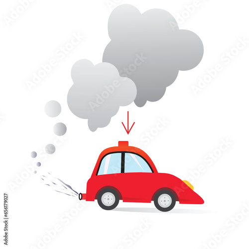 Car air pollution, vector art. Polluted air environment at city and industrial carbon dioxide clouds. Flat design isolated on white background.