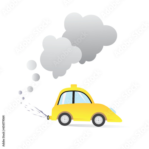 Car air pollution, vector art. Polluted air environment at city and industrial carbon dioxide clouds. Environmental pollution concept design.