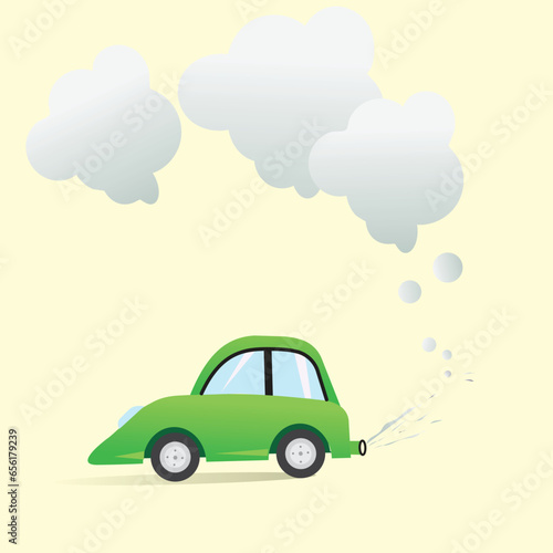 Car air pollution, vector art. Polluted air environment at city and industrial carbon dioxide clouds. Flat design exhaust gas, environmental pollution concept.