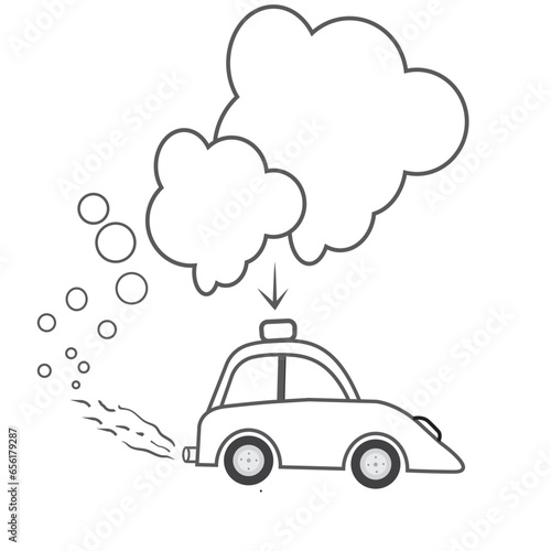 Car air pollution, vector line art. Polluted air environment at city and industrial carbon dioxide clouds. Antipollution concept design.