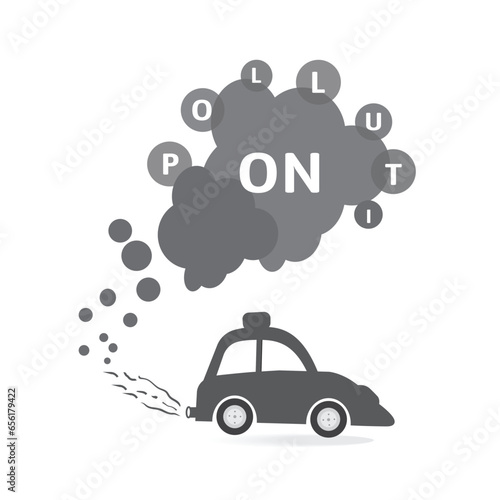 Smoke coming car exhaust into air carbon dioxide gas. Antipollution concept, design. Vector illustration.