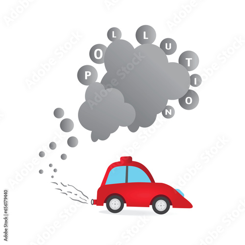 Smoke coming car exhaust into air carbon dioxide gas. Antipollution concept, design. Vector illustration isolated on white background.