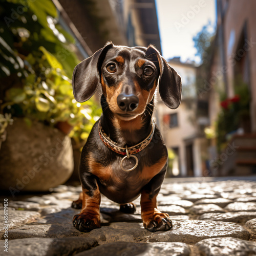 Dachshund, photography, long-bodied, short-legged, spirited, on a cobblestone street, whimsical, dappled sunlight, warm browns and tans Generative AI