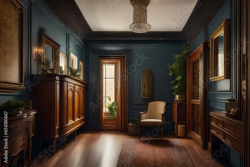 A vintage-themed home corridor with antique furniture and decor.