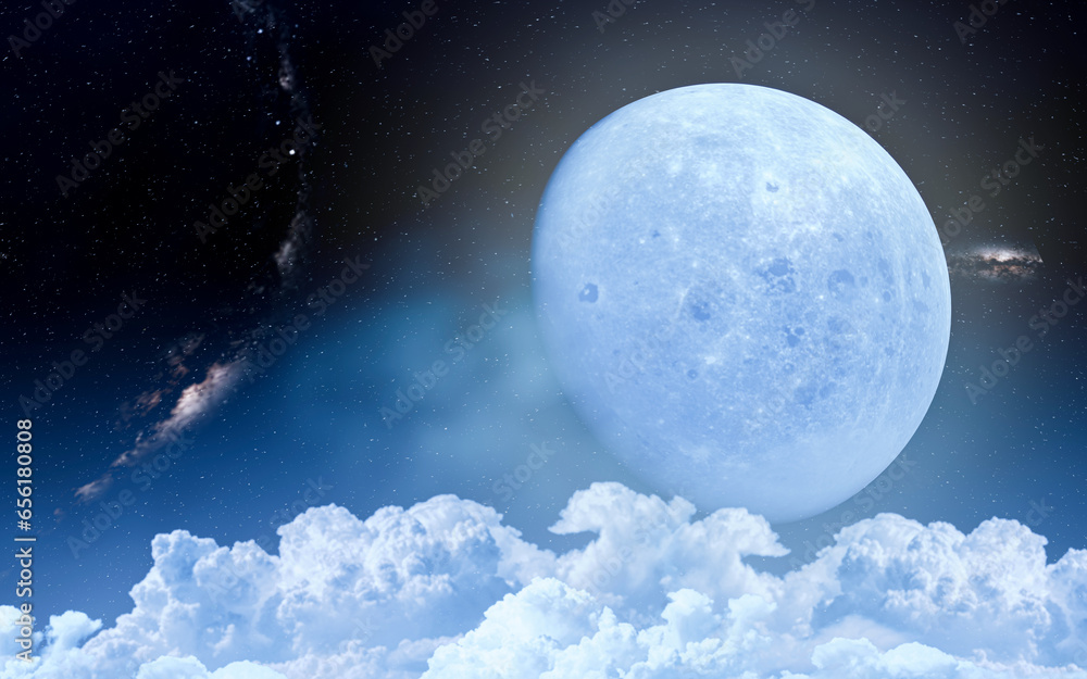 Fototapeta premium The sky or space has a large moon. Cumulus clouds cover the large lunar surface and the constellation Nebula is the distant background. 3d rendering