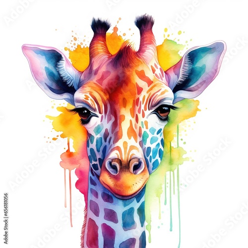 Colorful image of giraffe  watercolor illustration isolated on white background