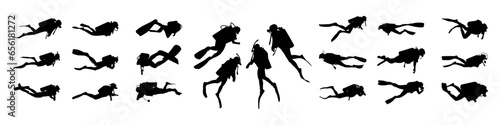 Vector detailed set silhouettes of scuba diving isolated on white background. Vector illustration
