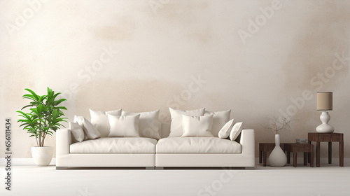Modern living room interior with blank space and empty wall illustration background. Generative AI photo