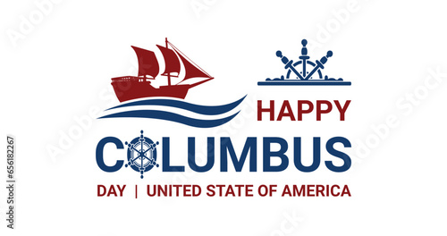 Happy Columbus Day text with wave, ship, and steering. The discoverer of America. Sailing ship with masts. Great for banners, T-shirt prints, and posters. Vector illustration