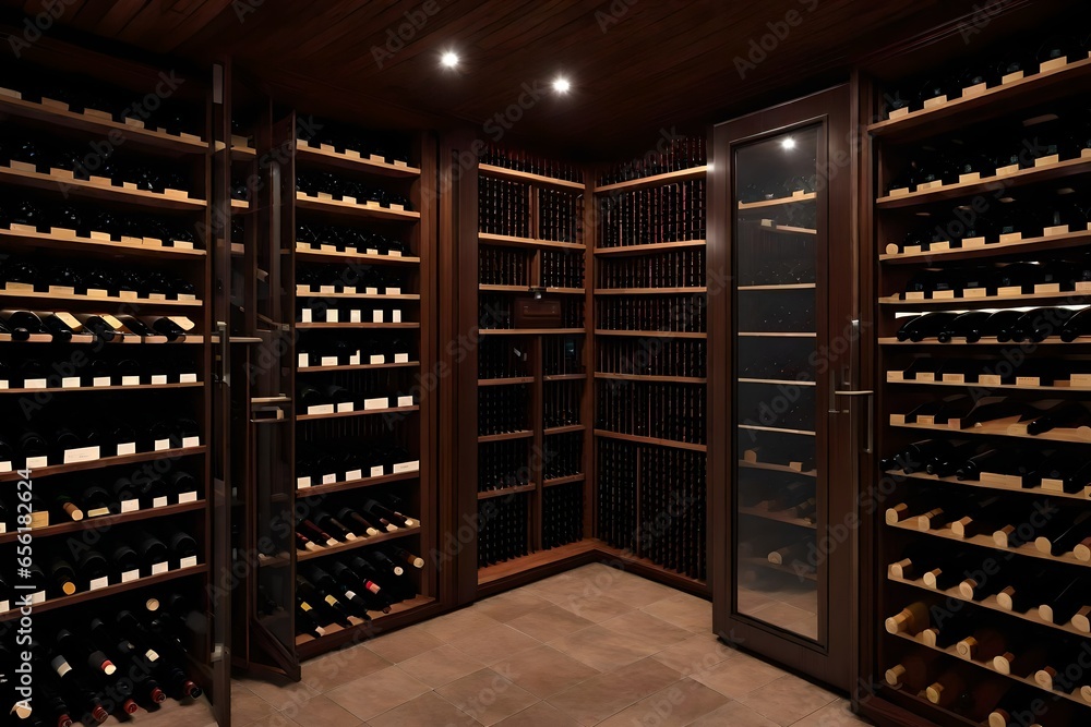 A walk-in wine cellar with a glass door.