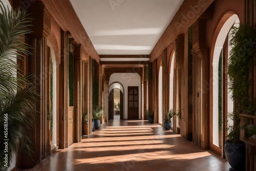 A home corridor with a Mediterranean or Spanish villa influence.