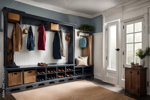 A mudroom with storage for coats, shoes, and bags. © Humaira
