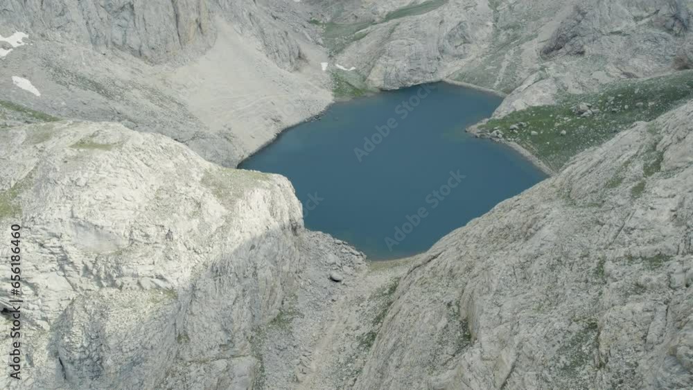 Glacier lake among mountain from drone Glacier lake among mountain from drone