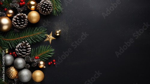 Merry Christmas and Happy New Year. Flat lay black christmas concept design of ornaments and decorative. Happy Holidays festive realistic for poster, banner, brochure. Generative AI