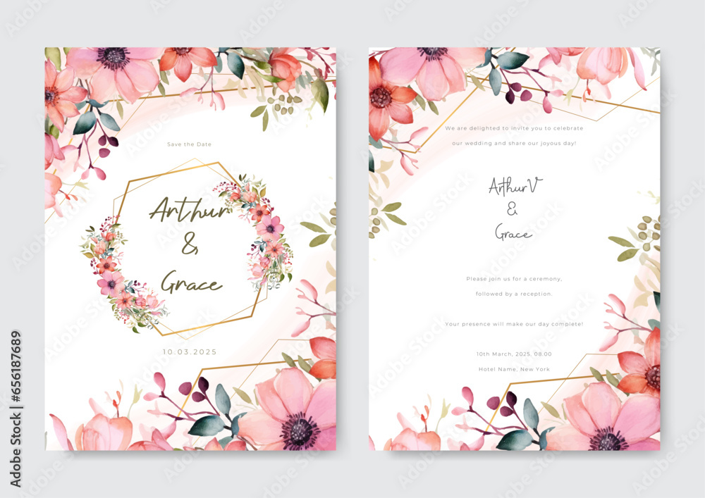 Pink roses and some gold frame wedding invitation template with white background