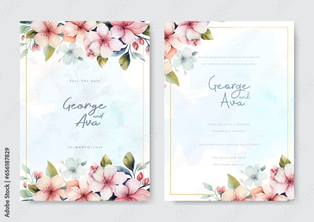 watercolor colorful roses with gold border frame wedding invitation template.