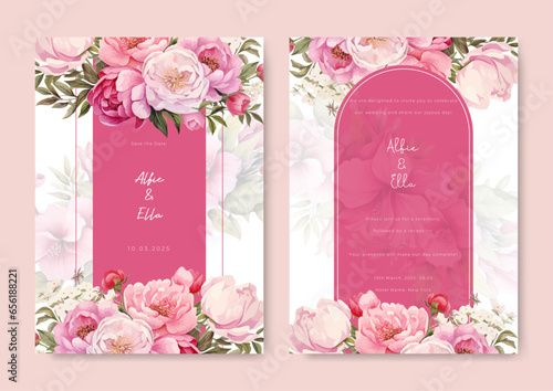 a wedding invitation template with pink flower with pink line border and white background