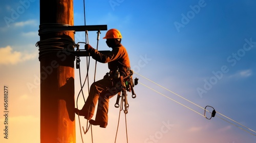 Electrician Climbing Utility Pole Represents Hard Work and Dedication in Maintaining Essential Infrastructure