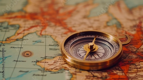 Compass on World Map Represents Navigation, Exploration and Humanity's Quest for Knowledge and Meaning