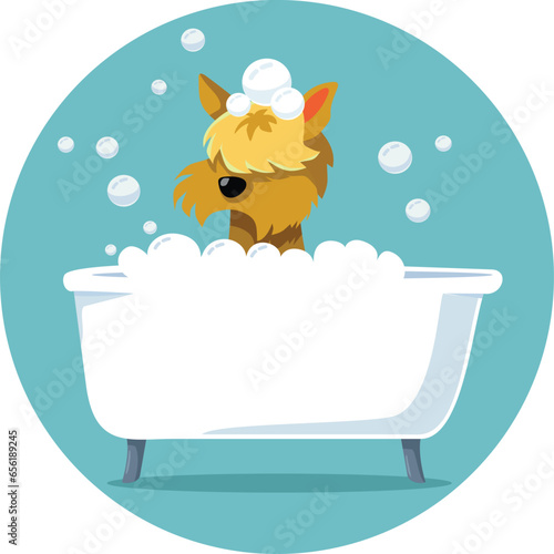 Happy Little Dog Taking a Bath Vector Cartoon illustration. Cheerful pet animal being cleaned at home in a bathtub 
