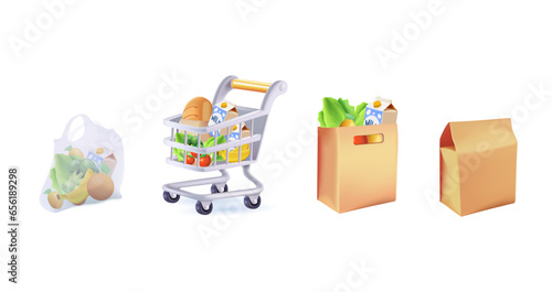 3D Shopping bags and baskets vector illustrations set. 3D Grocery purchases, paper and plastic packages, turtle bags with products. 3D Natural food, organic fruits, vegetable. Department store goods