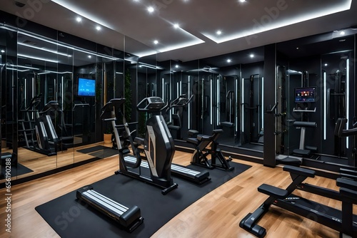 A home gym with cardio equipment and mirrored walls.
