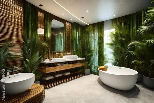 A tropical-themed bathroom with bamboo accents.