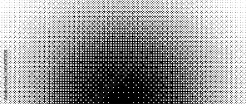 Radial halftone texture. Dotted round gradient pattern background. Abstract 8 bit faded pop art wallpaper. Vanishing spotted pixelated design backdrop for banner, poster, flyer, cover. Vector bitmap