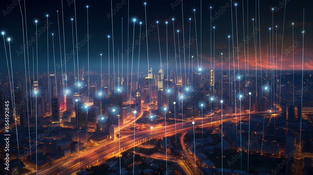 cityscape with dot point connect for big data connection concept. cityscape with dot point connect for big data connection concept.