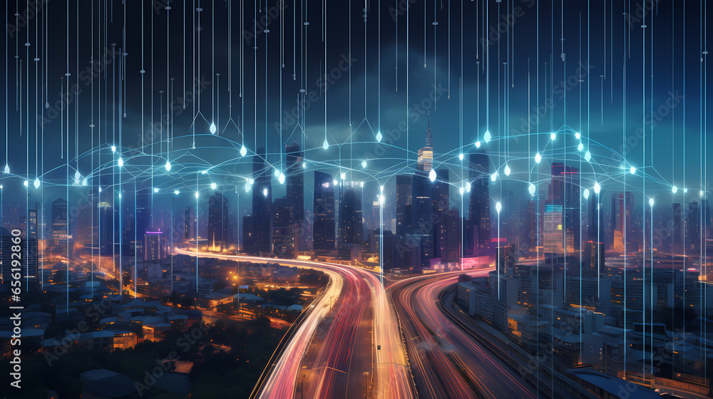 cityscape with dot point connect for big data connection concept.