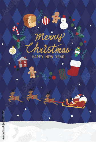 Christmas card vertical arrangement, Santa Claus and cute material wreath.