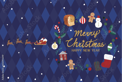 Christmas card horizontal arrangement, Santa Claus and cute material wreath.