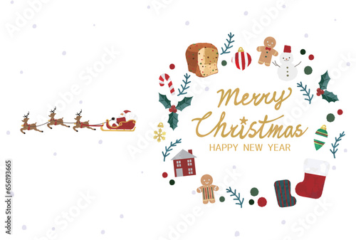 Christmas card horizontal arrangement, Santa Claus and cute material wreath.