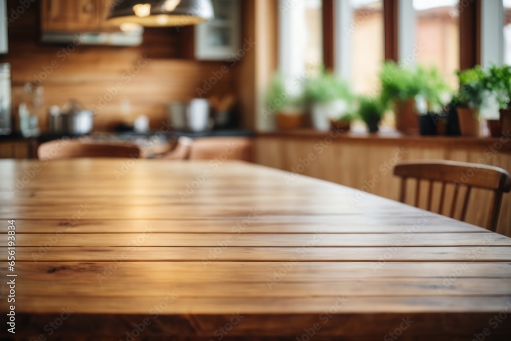 Wooden table on blurred kitchen bench background. Empty wooden table and blurred kitchen background Wooden table on blurred kitchen bench background. Empty wooden table and blurred kitchen background