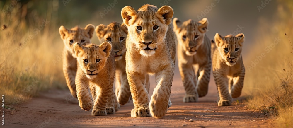 A bunch of lion cubs and lionesses are walking on a road in the savannah showing the beauty of the natural habitat and wildlife - obrazy, fototapety, plakaty 