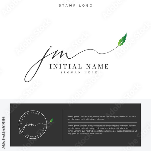 JM J M initial letter handwriting and signature logo and green leaf