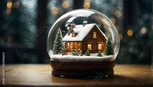 iny wooden house covered in snow, contained within a sphere glass bottle photo