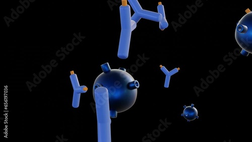 Antigen molecules in motion. Lock and key recognition with antibodies 3d rendering 